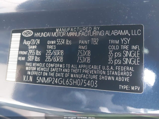 2025 Hyundai Santa Fe Sel მანქანა იყიდება აუქციონზე, vin: 5NMP24GL6SH075403, აუქციონის ნომერი: 44612359