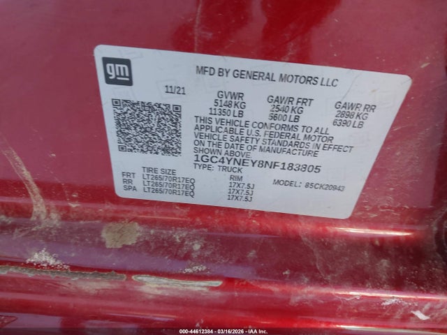Продажа на аукционе авто 2022 Chevrolet Silverado 2500hd 4wd  Long Bed Lt, vin: 1GC4YNEY8NF183805, номер лота: 44612384