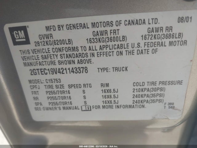 44612396 :رقم المزاد ، 2GTEC19V421143378 vin ، 2002 Gmc Sierra 1500 Sle مزاد بيع