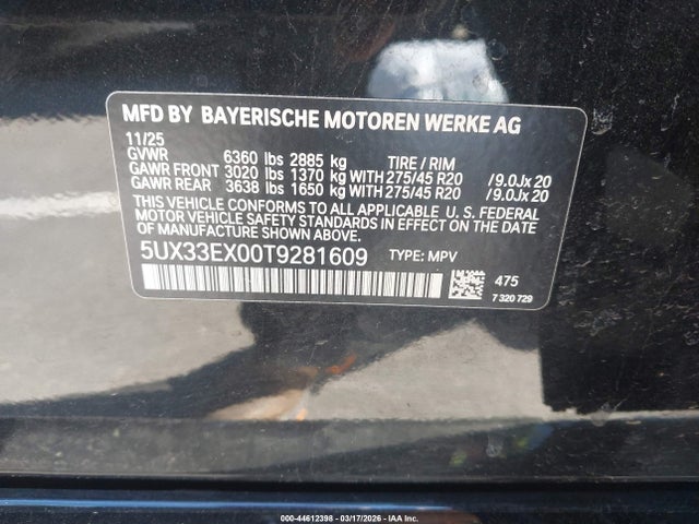 44612398 :رقم المزاد ، 5UX33EX00T9281609 vin ، 2026 Bmw X6 Xdrive40i مزاد بيع