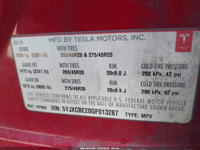 Tesla Model X 60d/70d/75d/90d/p100d 2016 5YJXCBE20GF013287 Image 9