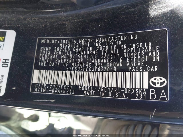 Toyota COROLLA SE 2018 5YFBURHE0JP827019 Image 9