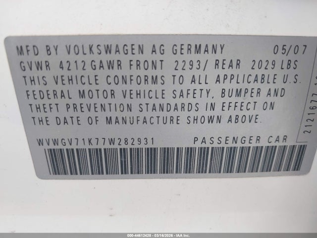 Продажа на аукционе авто 2007 Volkswagen Gti 4-door, vin: WVWGV71K77W282931, номер лота: 44612428