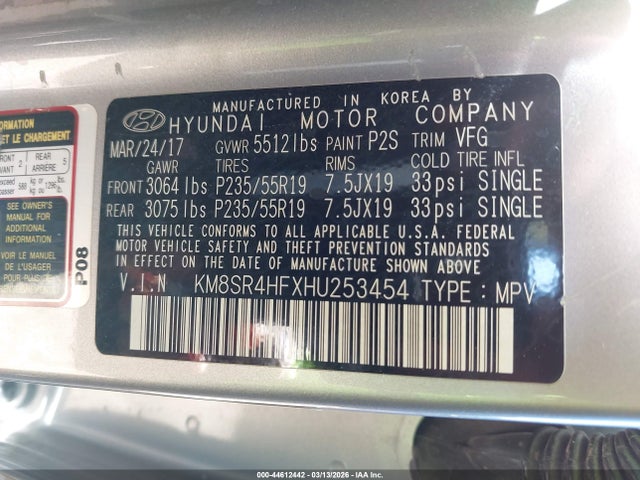 KM8SR4HFXHU253454 Hyundai Santa Fe Se Ultimate
