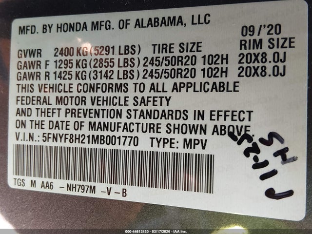 5FNYF8H21MB001770 Honda Passport Awd Sport