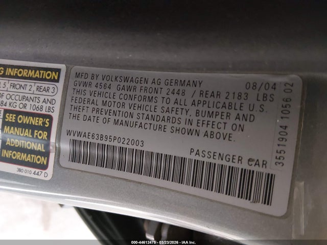 Продаж на аукціоні авто 2005 Volkswagen Passat Gls Tdi, vin: WVWAE63B95P022003, номер лоту: 44612475
