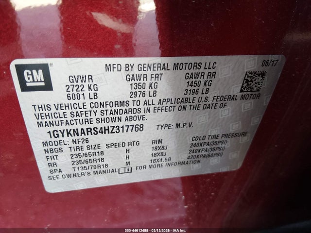 44612485 :رقم المزاد ، 1GYKNARS4HZ317768 vin ، 2017 Cadillac Xt5 Standard مزاد بيع