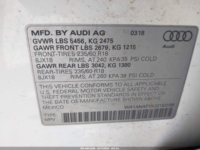 Aukcja sprzedaży 2018 Audi Q5 2.0t Premium/2.0t Tech Premium, vin: WA1ANAFYXJ2153199, numer aukcji: 44612486