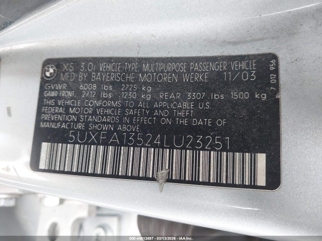 Aukcja sprzedaży 2004 Bmw X5 3.0i, vin: 5UXFA13524LU23251, numer aukcji: 44612497