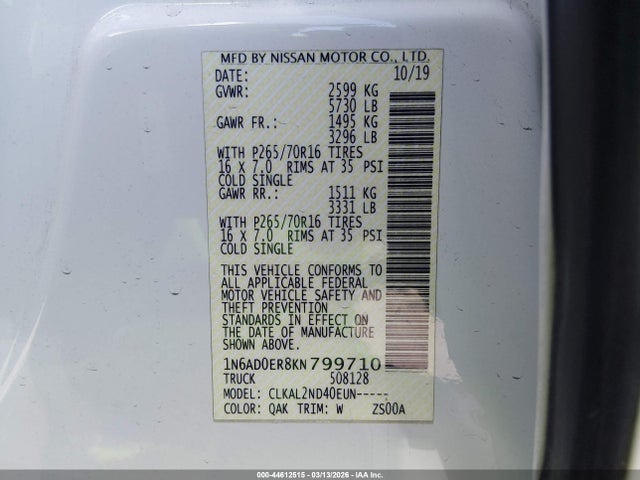 1N6AD0ER8KN799710 Nissan Frontier Sv