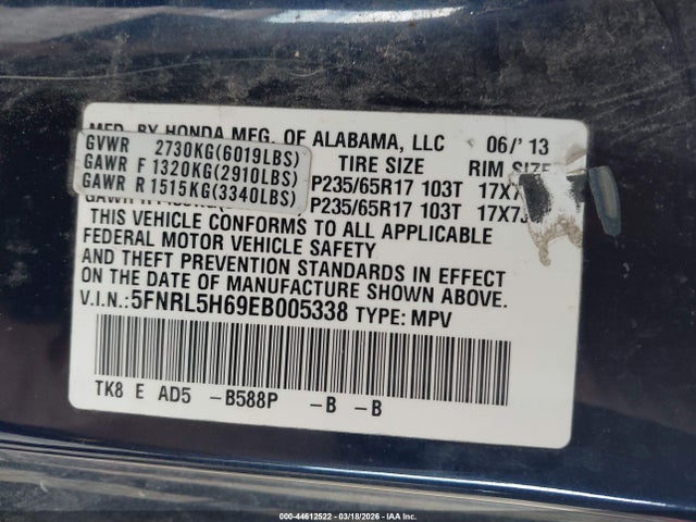 Aukcja sprzedaży 2014 Honda Odyssey Ex-l, vin: 5FNRL5H69EB005338, numer aukcji: 44612522