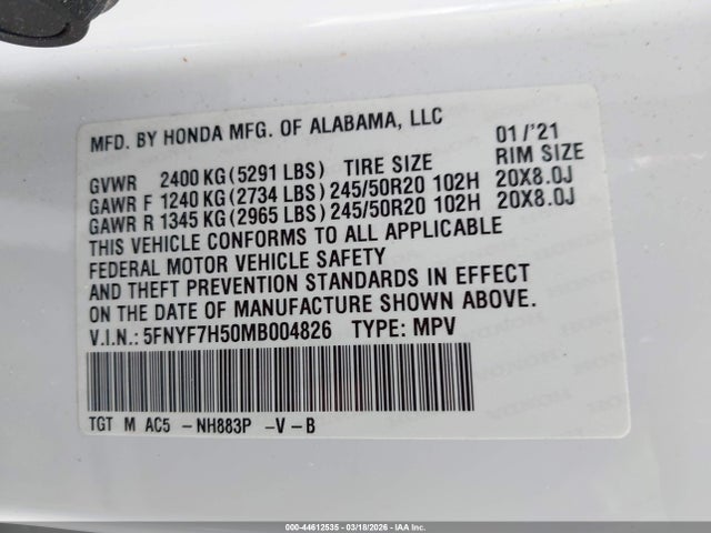 Продажа на аукционе авто 2021 Honda Passport 2wd Ex-l, vin: 5FNYF7H50MB004826, номер лота: 44612535