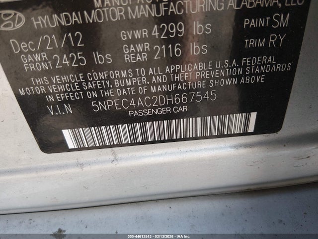 Auction sale of the 2013 Hyundai Sonata Limited, vin: 5NPEC4AC2DH667545, lot number: 44612543