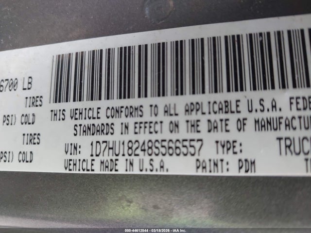 2008 Dodge Ram 1500 Slt მანქანა იყიდება აუქციონზე, vin: 1D7HU18248S566557, აუქციონის ნომერი: 44612544
