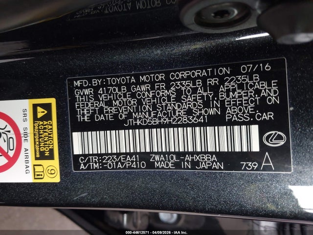 Aukcja sprzedaży 2017 Lexus Ct Ct 200h F Sport, vin: JTHKD5BH9H2283641, numer aukcji: 44612571