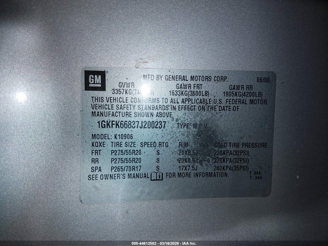 Aukcja sprzedaży 2007 Gmc Yukon Xl 1500 Denali, vin: 1GKFK66837J200237, numer aukcji: 44612582