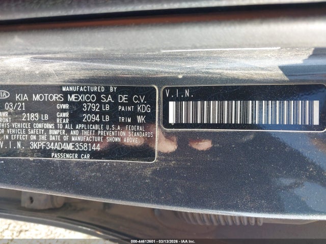 44612601 :رقم المزاد ، 3KPF34AD4ME358144 vin ، 2021 Kia Forte Gt-line مزاد بيع