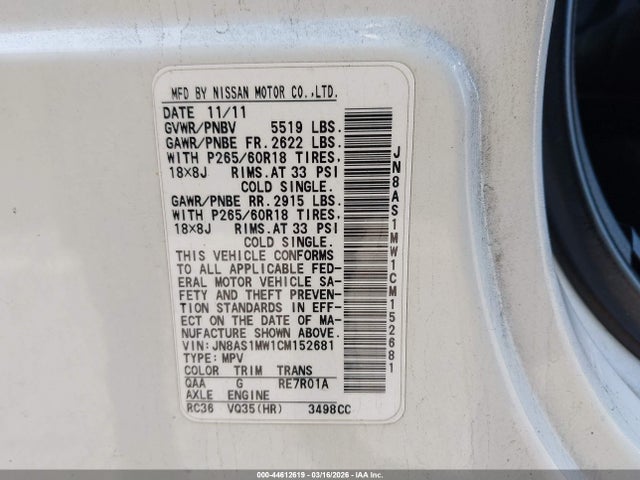 Aukcja sprzedaży 2012 Infiniti Fx35, vin: JN8AS1MW1CM152681, numer aukcji: 44612619
