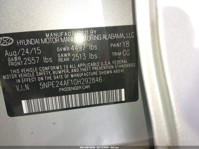 5NPE24AF1GH292846 Hyundai SONATA SE