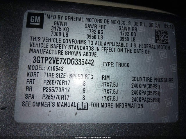 Aukcja sprzedaży 2013 Gmc Sierra 1500 Sle, vin: 3GTP2VE7XDG335442, numer aukcji: 44612673