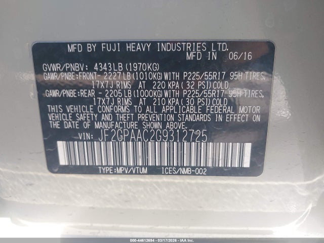 JF2GPAAC2G9312725 Subaru Crosstrek 2.0i