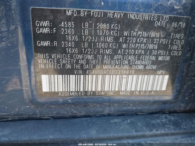 2011 Subaru Outback 2.5i მანქანა იყიდება აუქციონზე, vin: 4S4BRBAC6B3318818, აუქციონის ნომერი: 44612698