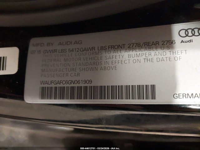 44612701 :رقم المزاد ، WAUFGAFC6GN061909 vin ، 2016 Audi A6 3.0t Premium Plus مزاد بيع