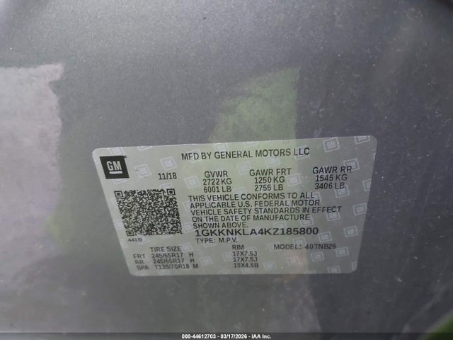 44612703 :رقم المزاد ، 1GKKNKLA4KZ185800 vin ، 2019 Gmc Acadia Sle-1 مزاد بيع