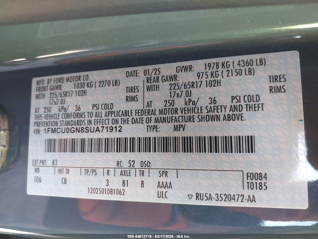 Продажа на аукционе авто 2025 Ford Escape Active, vin: 1FMCU0GN8SUA71912, номер лота: 44612719