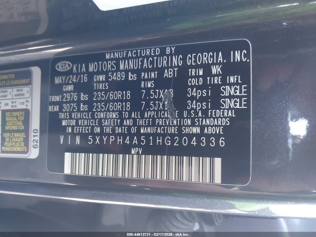 5XYPH4A51HG204336 KIA Sorento 3.3l Ex