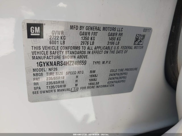 44612728 :رقم المزاد ، 1GYKNARS4HZ248659 vin ، 2017 Cadillac Xt5 Standard مزاد بيع