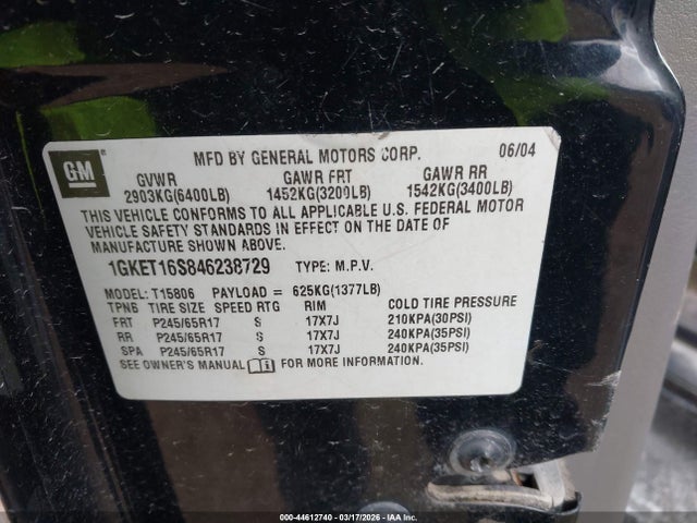 Продаж на аукціоні авто 2004 Gmc Envoy Xl Sle, vin: 1GKET16S846238729, номер лоту: 44612740
