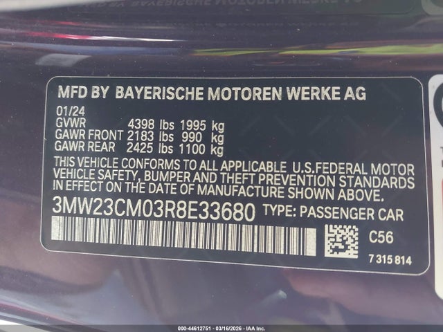 Продаж на аукціоні авто 2024 Bmw 230i, vin: 3MW23CM03R8E33680, номер лоту: 44612751