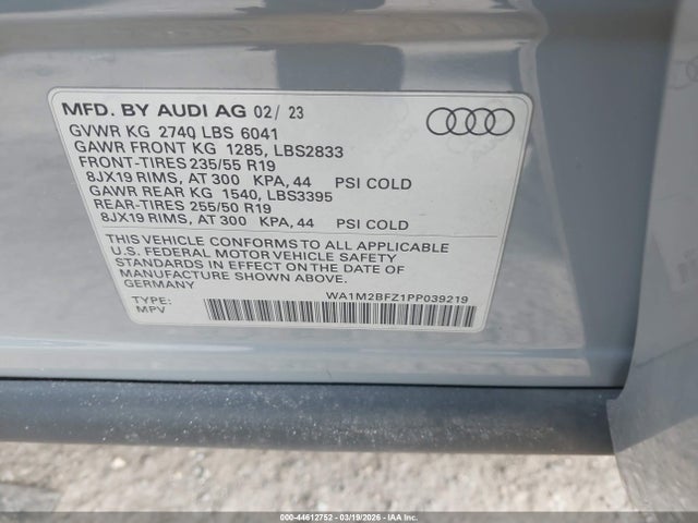 44612752 :رقم المزاد ، WA1M2BFZ1PP039219 vin ، 2023 Audi Q4 E-tron Prestige 50 Quattro مزاد بيع