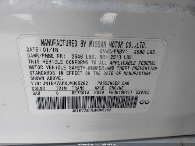 Aukcja sprzedaży 2018 Infiniti Q50 3.0t Luxe, vin: JN1EV7APXJM365262, numer aukcji: 44612754