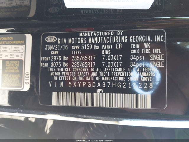 2017 Kia Sorento 2.4l Lx მანქანა იყიდება აუქციონზე, vin: 5XYPGDA37HG215228, აუქციონის ნომერი: 44612775