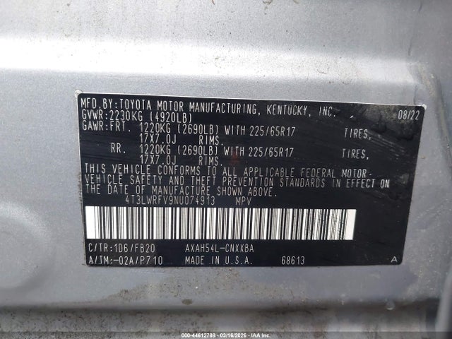 4T3LWRFV9NU074913 Toyota Rav4 Hybrid Le