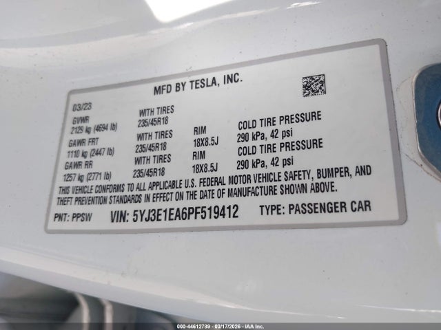 Продажа на аукционе авто 2023 Tesla Model 3 Rear-wheel Drive, vin: 5YJ3E1EA6PF519412, номер лота: 44612789