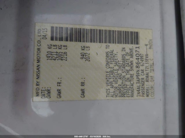 2015 Nissan Altima 2.5 Sl მანქანა იყიდება აუქციონზე, vin: 1N4AL3AP9FN864071, აუქციონის ნომერი: 44612797