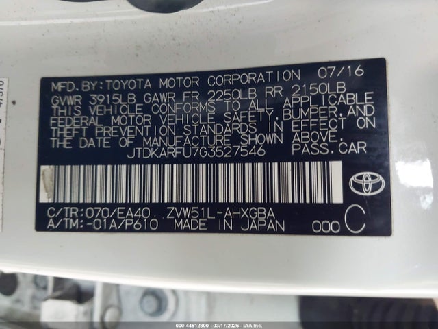 JTDKARFU7G3527546 Toyota Prius Four