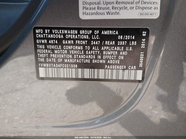 1VWBV7A34FC021336 Volkswagen Passat 2.0l Tdi Se