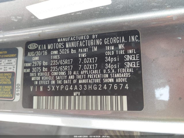 2017 KIA SORENTO 5XYPG4A33HG247674 Photo 8