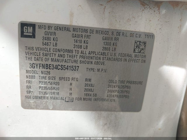 44612810 :رقم المزاد ، 3GYFNBE34CS541537 vin ، 2012 Cadillac Srx Performance Collection مزاد بيع