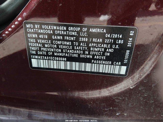Aukcja sprzedaży 2014 Volkswagen Passat 1.8t S, vin: 1VWAS7A31EC093596, numer aukcji: 44612820