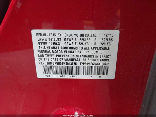 Aukcja sprzedaży 2017 Honda Fit Lx, vin: JHMGK5H52HS013935, numer aukcji: 44612845