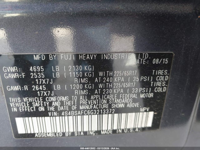 Aukcja sprzedaży 2016 Subaru Outback 2.5i Premium, vin: 4S4BSAFC6G3213372, numer aukcji: 44612852