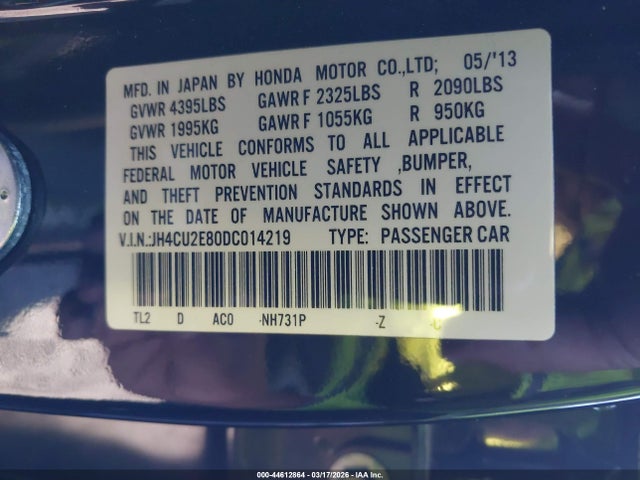44612864 :رقم المزاد ، JH4CU2E80DC014219 vin ، 2013 Acura Tsx 2.4 مزاد بيع