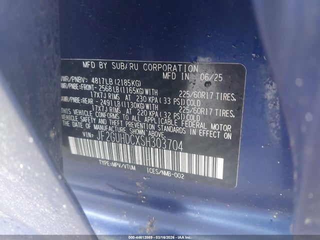 44612869 :رقم المزاد ، JF2GUHDCXSH303704 vin ، 2025 Subaru Crosstrek Premium مزاد بيع