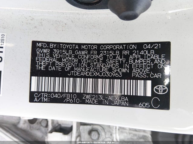 JTDEAMDEXMJ030963 Toyota Corolla Hybrid Le