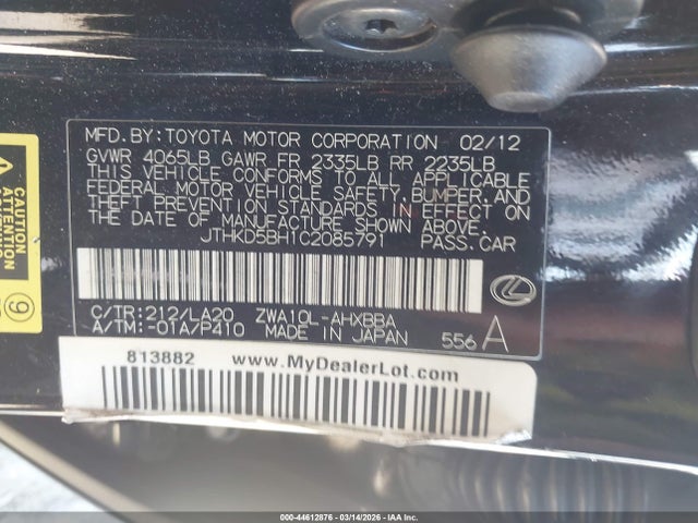 44612876 :رقم المزاد ، JTHKD5BH1C2085791 vin ، 2012 Lexus Ct 200h Premium مزاد بيع